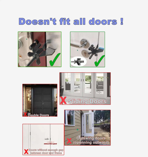 Diagram showing fitment of Stay Safe Anywhere Heavy-Duty Portable Door Lock; fits interior doors, not suitable for sliding or outswing doors.