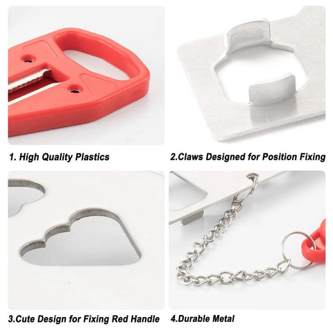 Portable door lock delivers instant privacy and extra security on the go with tool-free installation details, red plastic and silver metal.