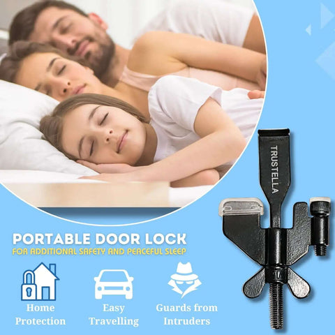 Family sleeping peacefully with Stay Safe Anywhere Heavy-Duty Portable Door Lock, Stainless Steel, shown in close-up, TSA Approved