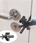 Stay Safe Anywhere Heavy-Duty Portable Door Lock installed on indoor door handle, stainless steel with silicone protector caps.