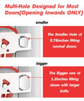 Two views of a portable door lock with multi-hole design for inward-opening doors, showcasing smaller and bigger hole options.
