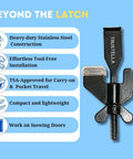 Stay Safe Anywhere Heavy-Duty Portable Door Lock, stainless steel, with silicone protector caps, TSA approved, compact design shown.