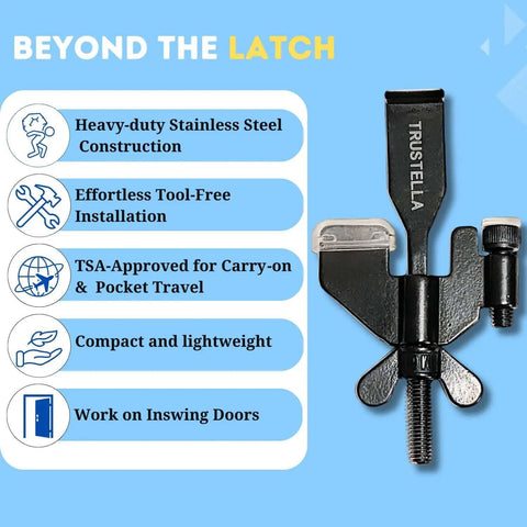 Stay Safe Anywhere Heavy-Duty Portable Door Lock, stainless steel, with silicone protector caps, TSA approved, compact design shown.
