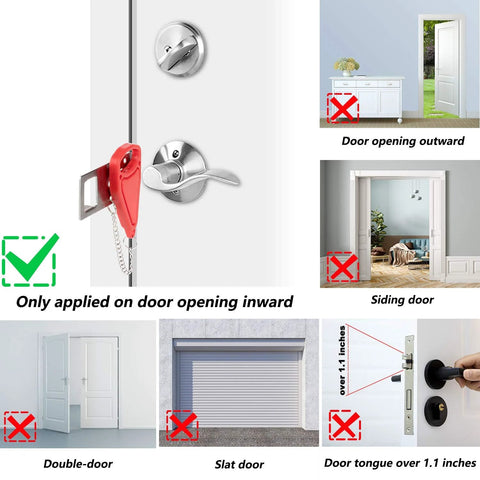 Diagram showing a portable door lock installed on an inward-opening door; indicates compatibility and non-compatibility with door types.