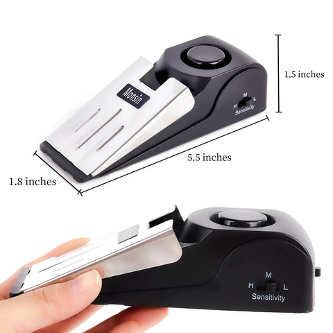 Door Stop Alarm, Door Stopper with 120DB Security Alarm shown from side angle, displaying dimensions and sensitivity settings.