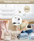 Portable Electric Vacuum Pump For Travel And Home That Quickly Deflates Vacuum Storage Bags, shown with pillows and packed clothes.