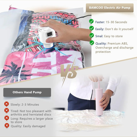 Portable Electric Vacuum Pump For Travel And Home That Quickly Deflates Vacuum Storage Bags by BAMCOO, compared to hand pump.