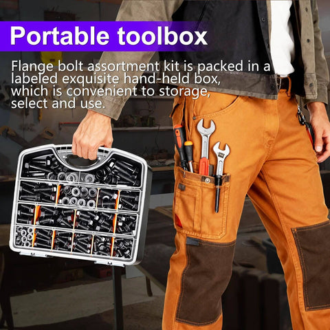 Man holding portable toolbox with Metric Flange Bolt Set 400 Pcs 10.9 Grade M6x1.0 M8x1.25 M10x1.5 Black Hex Bolts Nuts