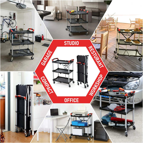 Portable Folding Tool Service Cart On The Go With 150 Lb Capacity, Locking Mechanism, Three Shelf Ergonomic Design