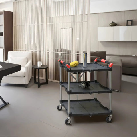 Portable Folding Tool Service Cart On The Go With 150 Lb Capacity, Locking Mechanism, Three Shelf Ergonomic Design