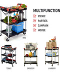 Portable Folding Tool Service Cart On The Go With 150 Lb Capacity, Locking Mechanism, Three Shelf Ergonomic Design, Black Red Finish