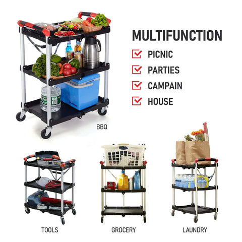 Portable Folding Tool Service Cart On The Go With 150 Lb Capacity, Locking Mechanism, Three Shelf Ergonomic Design, Black Red Finish