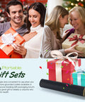 Couple exchanging gifts, two women smiling with presents, and colorful gift boxes with confetti on a festive background