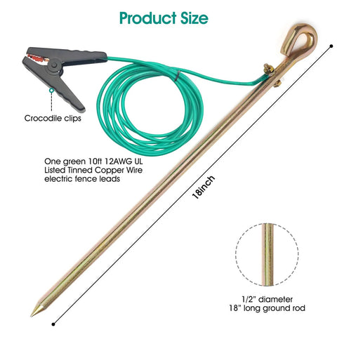 Portable Ground Rod Kit With 4Ft 12AWG UL Listed Grounding Wire And Crocodile Clips, 18-inch rod, wire, clip close-up