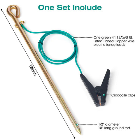 Portable Ground Rod Kit With Half Inch Diameter 18 Inch Long Ground Rod And 4 Foot 12AWG UL Listed Tinned Copper Wire With Crocodile Clips
