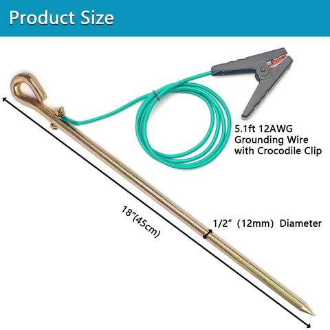 Portable Ground Rod Kit With Half Inch Diameter Eighteen Inch Rod And Five Point One Foot Twelve AWG UL Listed Ground Wire With Crocodile Clips
