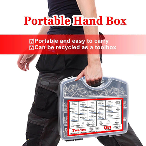 Person holding Twidec/1281PCS Nuts and Bolts Assortment Kit in portable storage case, showcasing ease of carry.