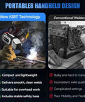 Comparison of Portable 110V Handheld IGBT Inverter Welder and conventional welder, highlighting technology and design differences.