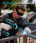 Person using E6013 2.5 Lb Carbon Steel Welding Rods for arc welding metal railing outdoors.
