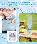 Woman placing Hydrogen Water Bottle With 3 In 1 System 2300 PPB SPE PEM Technology in bag; bottle on table outdoors.