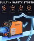 Dual Voltage 110V 220V 250Amp Arc Welder With Large Led Display Portable IGBT Inverter Stick Welder Includes 10 Rods Ground Clamp Electrode Clamp Hot Start Arc Force Anti Stick Soarfly, safety features displayed