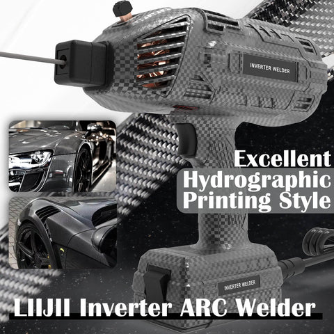 Carbon fiber style portable 140A 110V IGBT inverter handheld welder with hot start arc force and base stand for DIY projects.