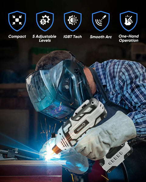 Person using 110V Portable IGBT Inverter Welder With 5 Current Settings Handheld Arc Welding Gun For 3/32 Inch Wire Rods Grey Compact