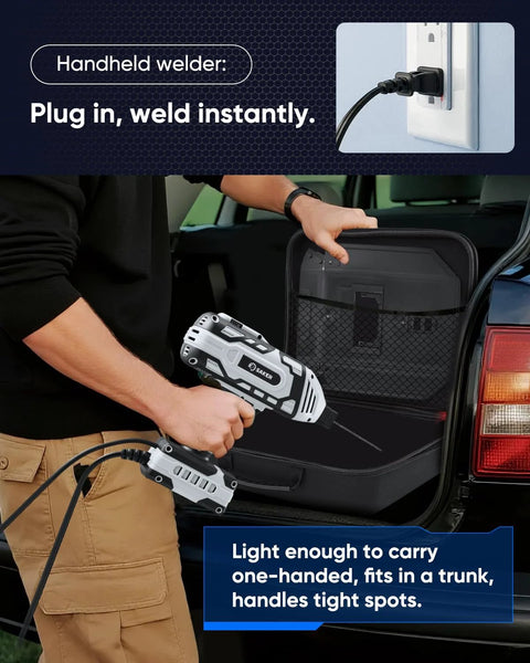 Person storing 110V Portable IGBT Inverter Welder in car trunk, showing compact size and easy portability for DIY projects.