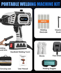 Portable 110V Handheld IGBT Inverter Welder kit includes welding torch, 20 electrodes, gloves, goggles, brush, and user manual for DIY projects