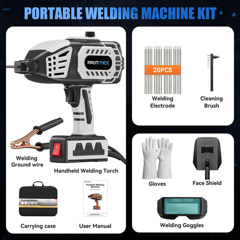 Portable 110V Handheld IGBT Inverter Welder kit includes welding torch, 20 electrodes, gloves, goggles, brush, and user manual for DIY projects