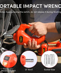 Portable impact wrench being used on a car tire with socket size options shown.