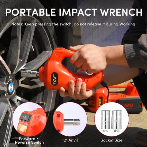 Portable impact wrench being used on a car tire with socket size options shown.