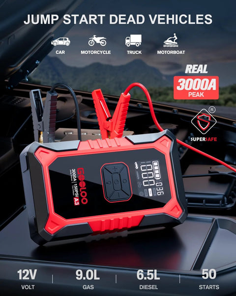 Portable 3000A Jump Starter With Air Compressor For Cars And Trucks displayed in car engine bay