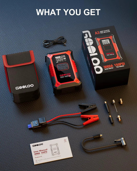 Portable 3000A Jump Starter With Air Compressor For Cars And Trucks, 12V Supersafe Lithium Battery Booster, and accessories