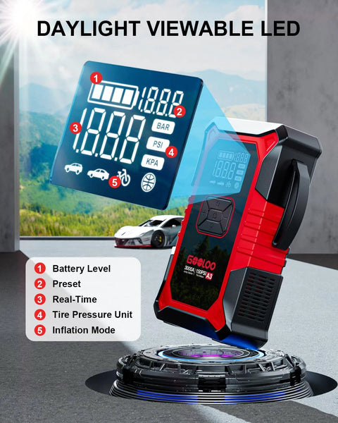 Portable 3000A Jump Starter With Air Compressor For Cars And Trucks, digital display features real-time tire pressure monitor