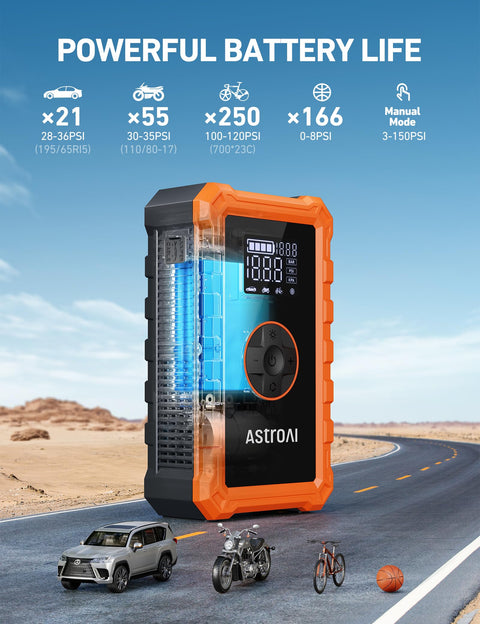 S8 Air Jump Starter With Air Compressor, 3000A Peak Power For 9.0 Gas And 6.5L Diesel in a desert setting by a road with icons