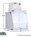 24 Inch Wide Portable Laminar Flow Hood for Medical and Laboratory Use, ISO Class 5 Cleanroom, frontal view with dimensions