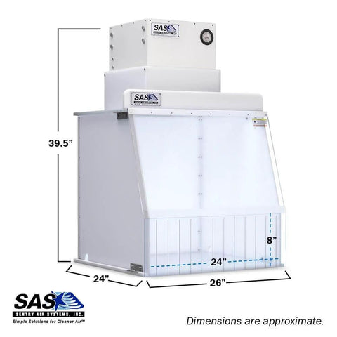 24 Inch Wide Portable Laminar Flow Hood for Medical and Laboratory Use, ISO Class 5 Cleanroom, frontal view with dimensions