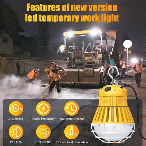 LED Temporary Work Light 100W 13000LM 5000K Portable Hanging Construction Light With 10Ft Cord And Sturdy Hooks Linkable Design For Job Site Workshop And Garage ETL Listed in use at construction site at night