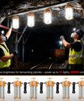 Two workers in a tunnel with Ultra Bright 250W LED Temporary Work Light With 37,500 Lumens and 5000K Daylight, Portable Linkable IP65 Construction Lighting for Indoor and Outdoor Use, Durable Job Site Lighting With On Off Button hanging above.