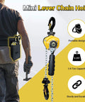 Manual Lever Chain Hoist One Quarter Ton Capacity Portable Come Along With 10 Foot Lift And G80 Chain Hook depicted with worker and tools.