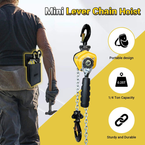 Manual Lever Chain Hoist One Quarter Ton Capacity Portable Come Along With 10 Foot Lift And G80 Chain Hook depicted with worker and tools.