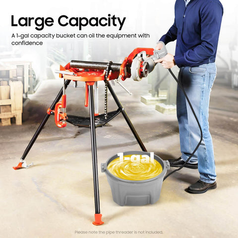 Hand Held Oiler Bucket Kit With Oil Gun For Pipe Threading Machines in use with pipe threader, 1 gallon capacity, durable plastic