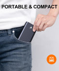 Person placing a compact portable device into jeans pocket with 'Portable & Compact' text above.