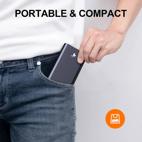 Person placing a compact portable device into jeans pocket with 'Portable & Compact' text above.