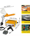 Portable Electrostatic Powder Coating Gun System With Foot Switch, showing dimensions and applications for various equipment.