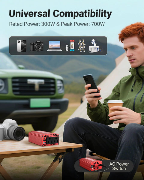 Power Inverter 12V DC To 110V AC For Cars with aluminum housing shown on a camping table, 300W continuous, 700W peak