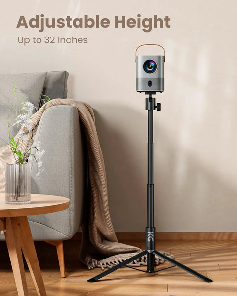Portable Projector Stand showcasing adjustable height up to 32 inches in a home theater setup, compatible with projectors.