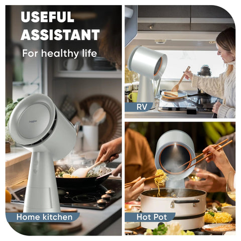 Portable countertop range hood with 5-layer filtration, 3-speed quiet exhaust, and plug‑and‑play setup shown in various kitchen settings.