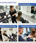 Pro Salon Cart With Four Drawers On Wheels For Hair Pros Portable Salon Station shown in use for hair extensions and barbering services.